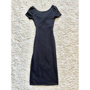 Antistar Soft Stretch Ribbed Black Midi Dress With Back Cutout & Short Sleeves N